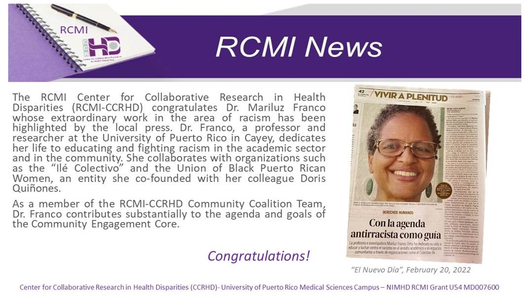 RCMI-CCRHD Congratulates Dr. Mariluz Franco